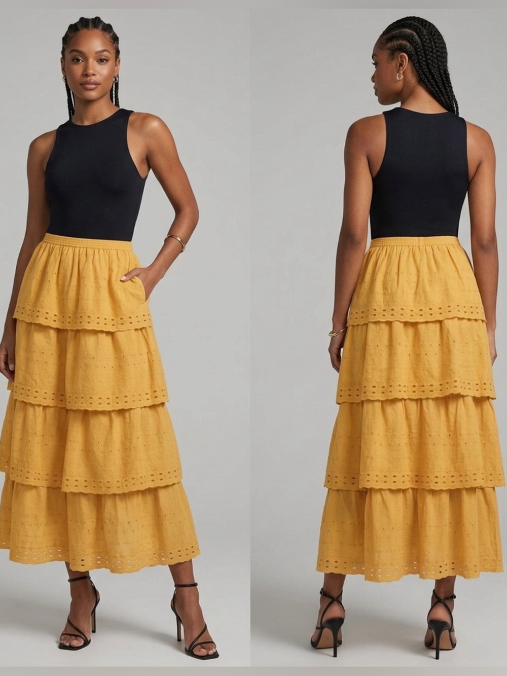 House of Harlow 1960 Boho Tiered Eyelet Midi Skirt in Mustard Yellow Sz Small